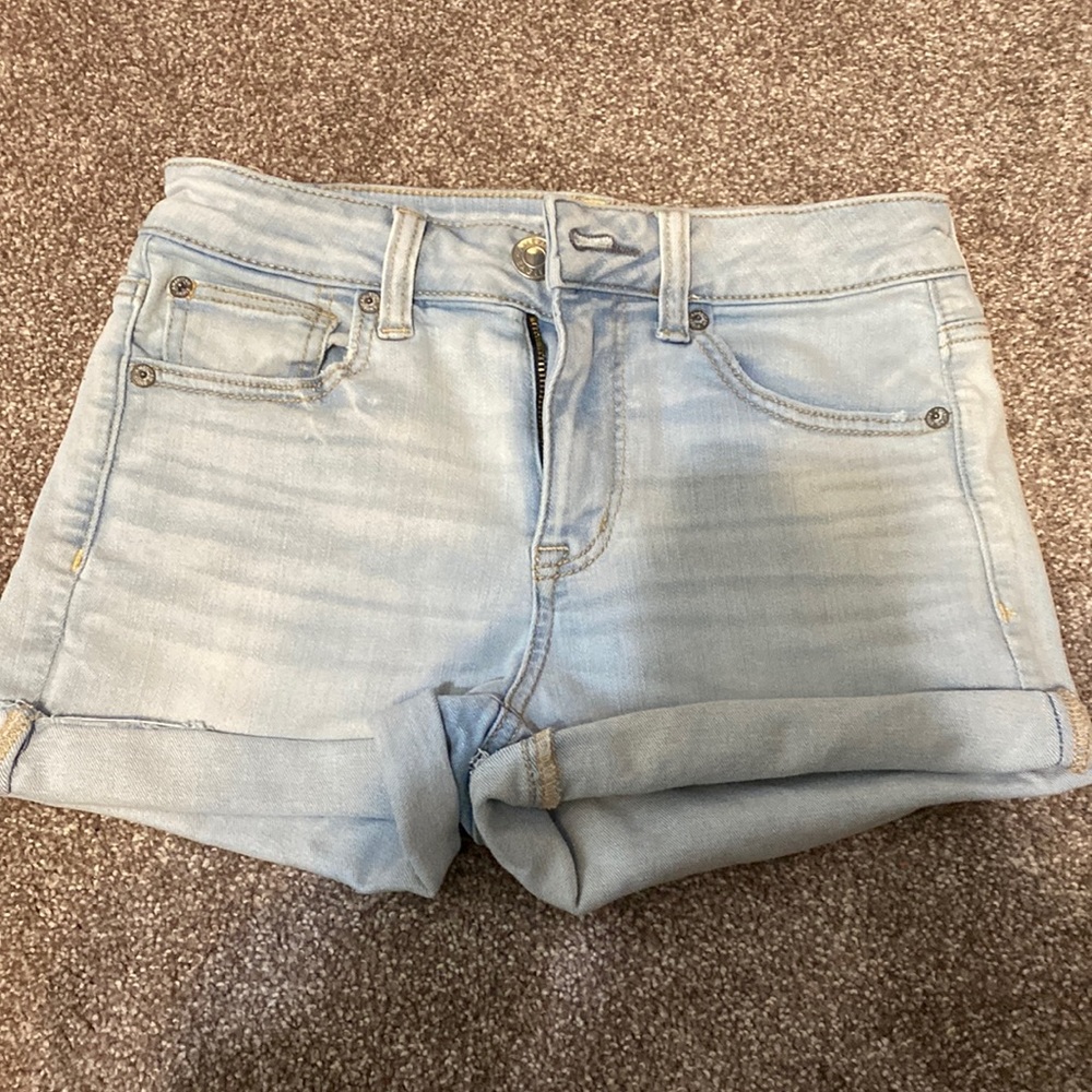 american eagle no ripped jean shorts, light wash